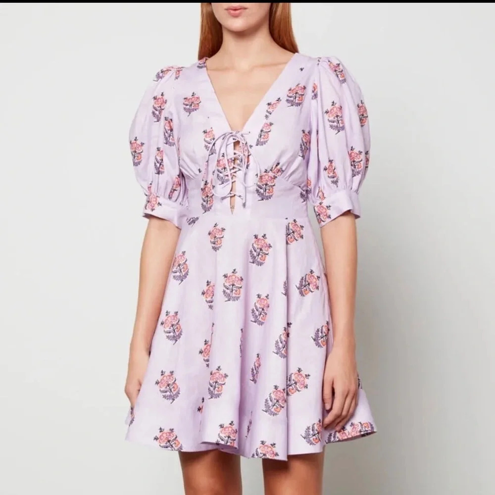 ! House of Harlow 1960 Floral Linen Blend Puff Sleeve Mini Dress Size 6